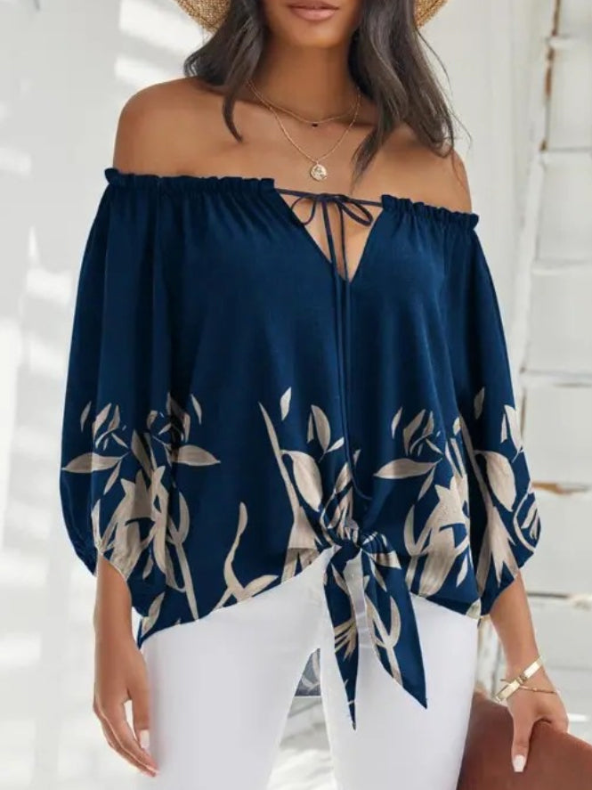 Casual Loose Long Sleeves Drawstring Floral Printed Off-The-Shoulder Blouses&Shirts Tops