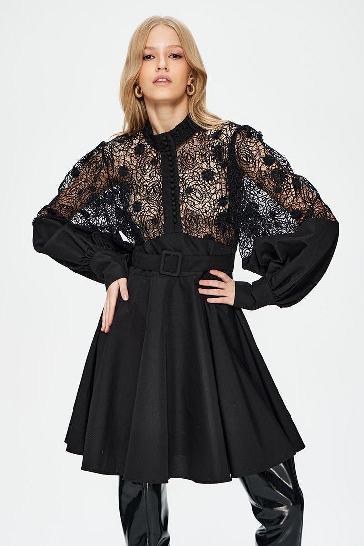 Myra Hollow Embroidered Lace Belted Mini Shirt Dress