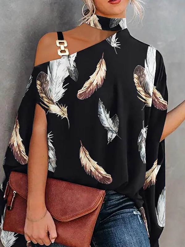 Batwing Sleeves Loose Asymmetric Chains Leaves Print Asymmetric Collar T-Shirts Tops