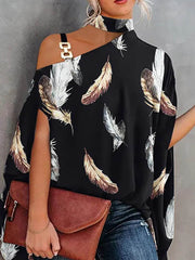 Batwing Sleeves Loose Asymmetric Chains Leaves Print Asymmetric Collar T-Shirts Tops