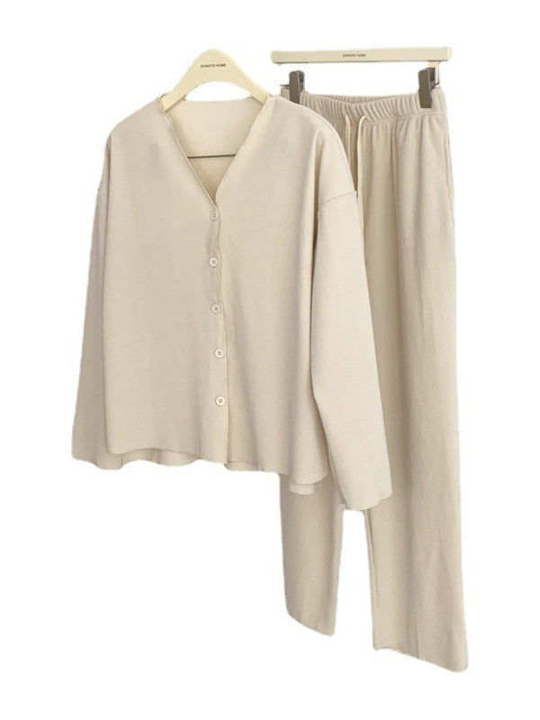 Solid Color Long Sleeves V-Neck Cardigan Tops & Pants Pajamas Set