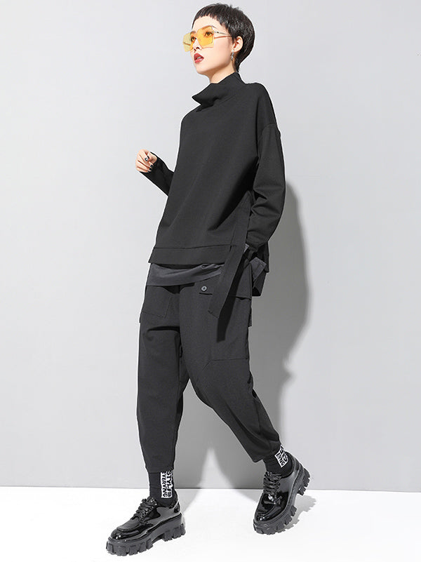 Black False-Two Split-Joint High-Neck Sweatshirt T-Shirt