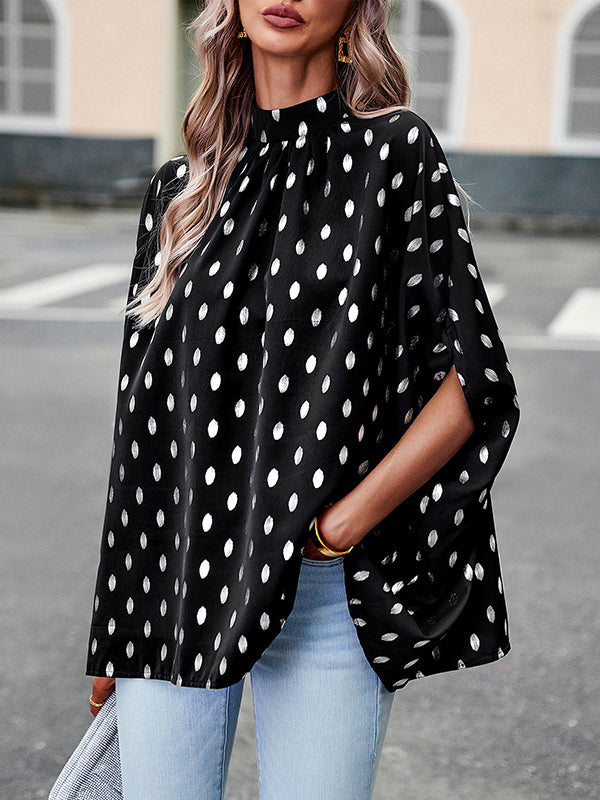 Loose Bandage Polka Dot Round-Neck Blouses&Shirts Tops