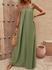 A-Line Loose Elasticity Pleated Solid Color Split-Joint Tied Spaghetti-Neck Maxi Dresses