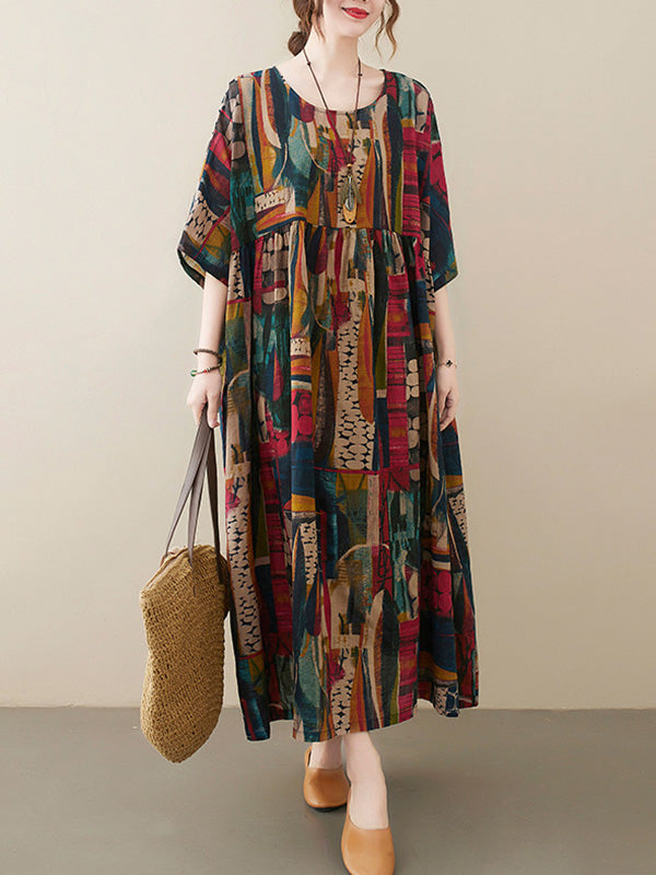 Vintage Loose Abstract Printed Pleated Round-Neck Half Sleeves Midi Dress