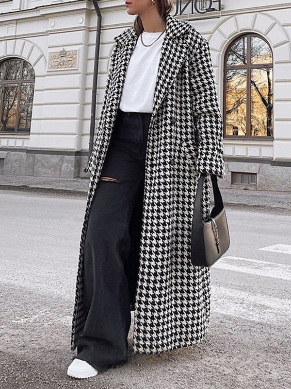 Long Sleeves Loose Houndstooth Split-Back Split-Joint Tied Waist Lapel Trench Coats