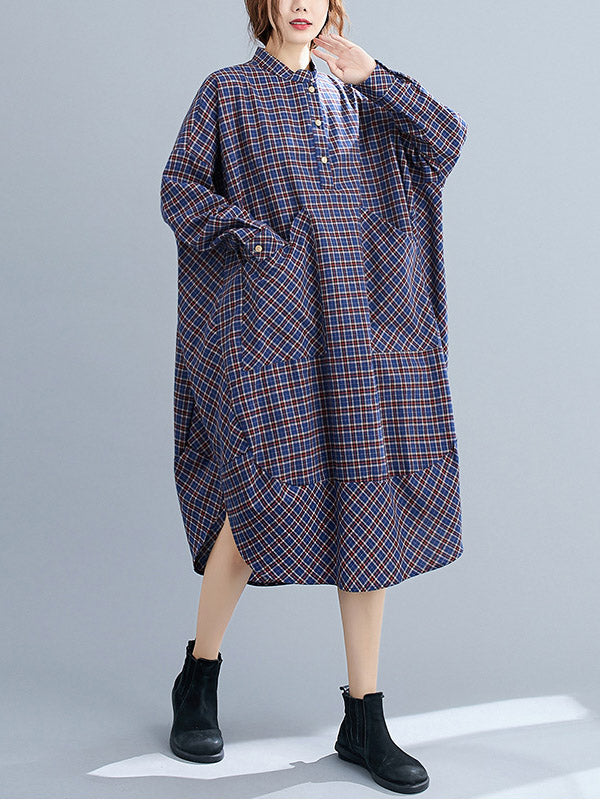 Vintage Plaid Irregularity Shirt Dresses