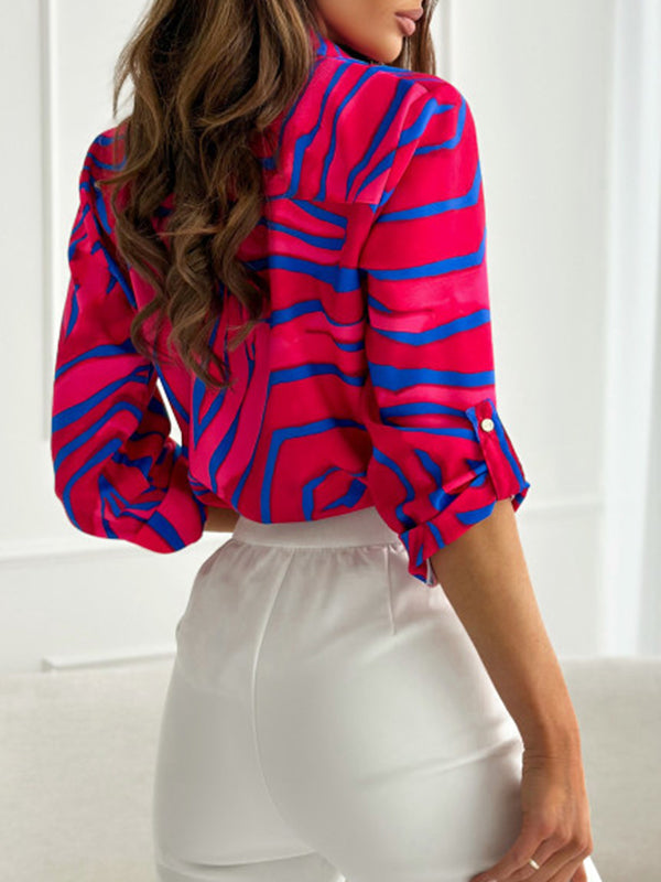 Long Sleeves Loose Printed Split-Joint Lapel Blouses