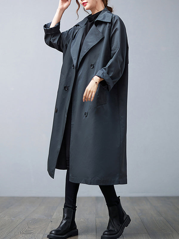 Loose Buttoned Notched Collar Trench Coat