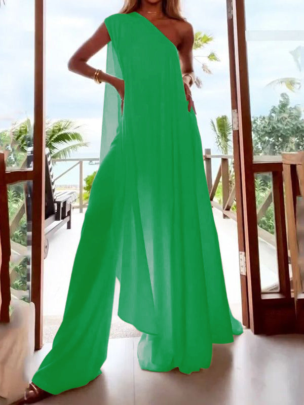 Wide Leg Asymmetric Solid Color One-Shoulder Jumpsuits