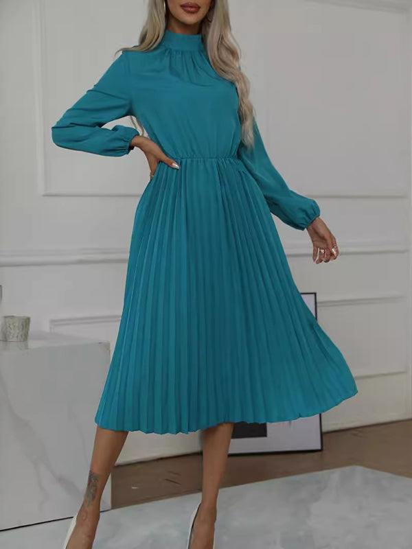 Long Sleeves Loose Buttoned Elasticity Hollow No Belt Pleated Solid Color High Neck Midi Dresses