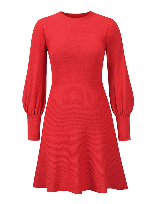 Puff Sleeves Wrap Solid Color Round-Neck Sweater Dress