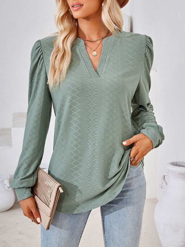 Long Sleeves Loose Jacquard Solid Color V-neck T-Shirts Tops