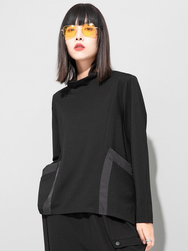 Casual Loose Long Sleeves Split-Joint Solid Color Stand Collar T-Shirts Tops