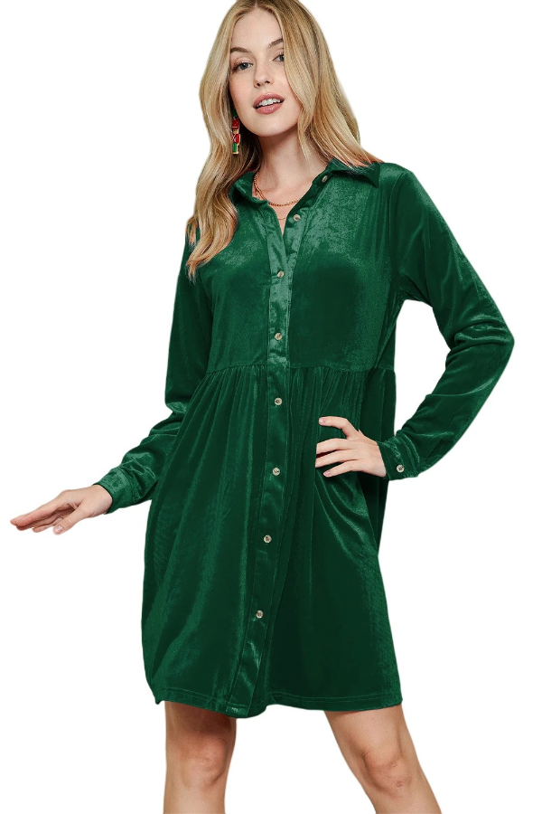 Green Long Sleeve Ruffle Velvet Button Up Shirt Dress