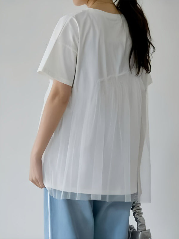 Loose Short Sleeves Asymmetric Mesh Split-Joint Round-Neck T-Shirts Tops