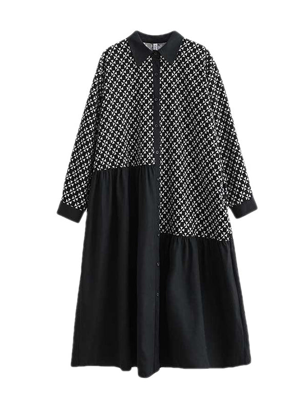 A-Line Long Sleeves Asymmetric Buttoned Pleated Printed Split-Joint Lapel Midi Dresses