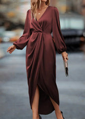 Elegant Wine Red Draped V-Neck Midi Dress