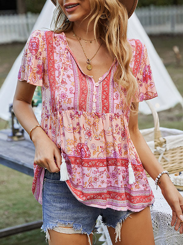 Loose Short Sleeves Buttoned Flower Print Split-Joint Tasseled Tied V-Neck T-Shirts Tops