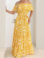 One-Shoulder Short-Sleeve Printed Ruffle Maxi Dress