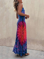 Tie-Dye Print Halter Backless Stretch Maxi Dress