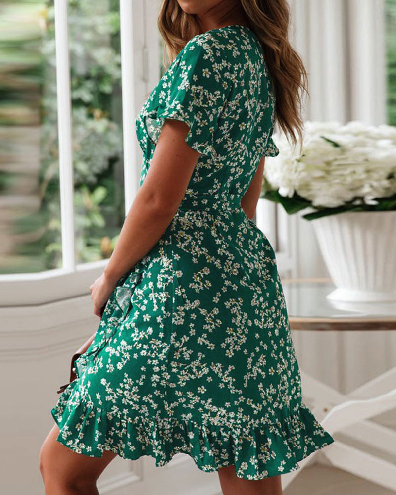 Emerald-Bloom Wrap Dress