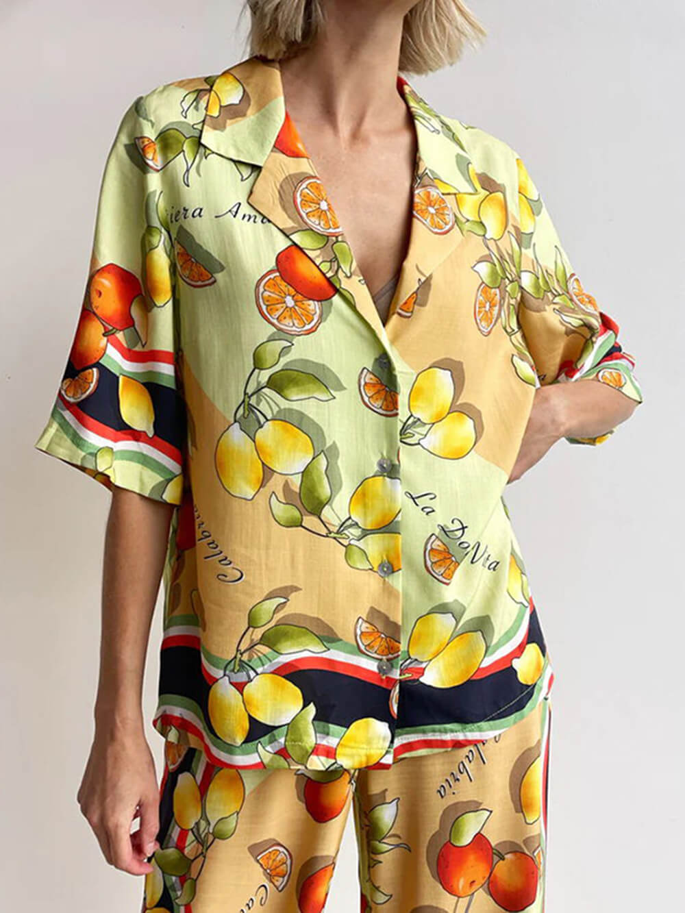 Modern Lemon Print Mid-Rise Wide Leg Pants