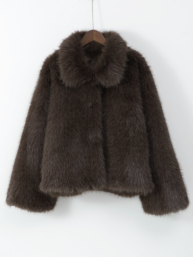 Plush coat with fur collar