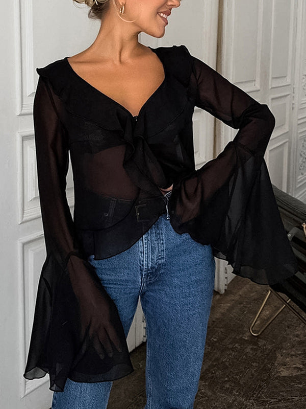 Flared Sleeves Long Sleeves Ruffled See-Through Split-Joint Lapel Blouses&Shirts Tops