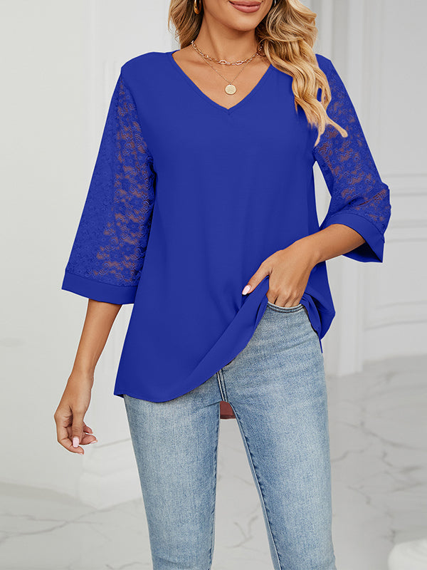 Loose Three-Quarter Sleeves Mesh Solid Color Split-Joint Round-Neck T-Shirts Tops