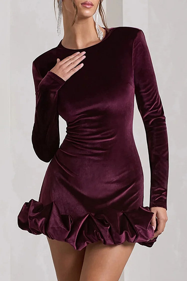 Velvet Round Neck Long Sleeve Ruched Puffy Hem Mini Dresses-Purple