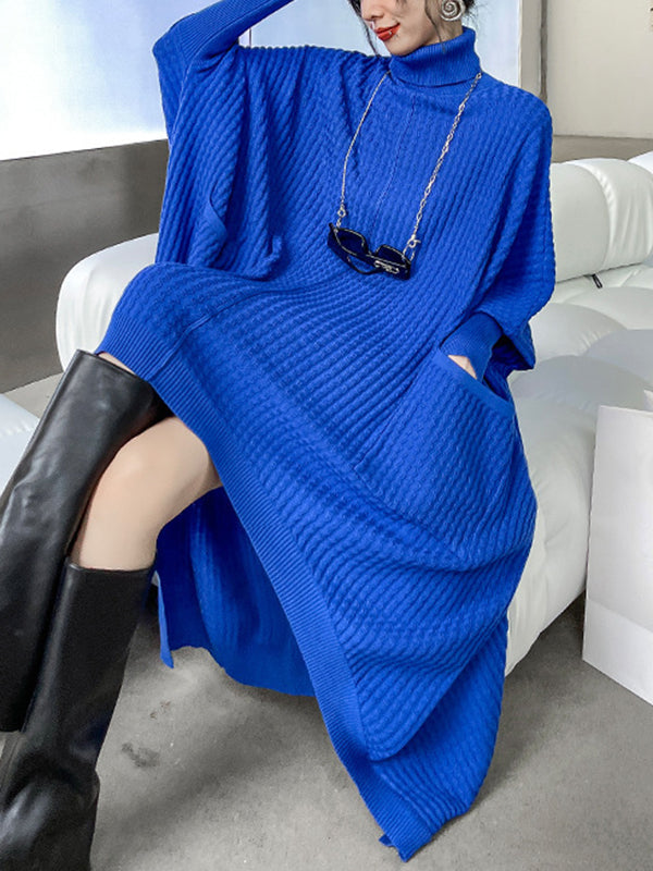 Batwing Sleeves High-Low Pockets Solid Color High-Neck Midi Dresses Sweater Dresses