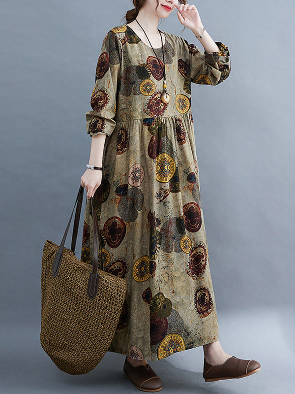 Artistic Retro Loose Long Sleeves Printed Round-Neck Maxi Dresses