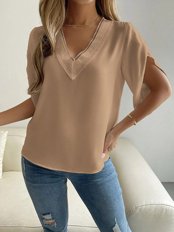 Half Sleeves Loose Hollow Split-Joint V-Neck Blouses&Shirts Tops