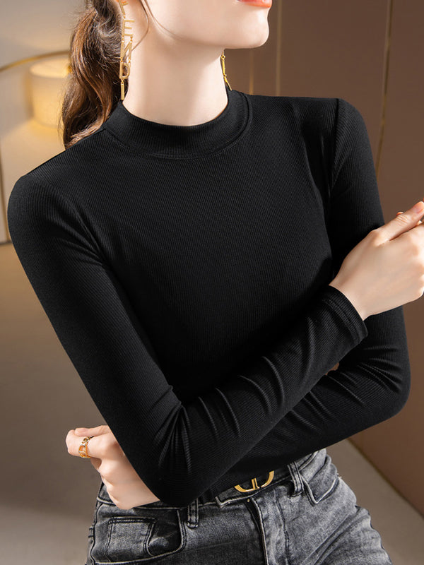 Casual Skinny Loose Solid Color Stand Collar T-Shirts Tops