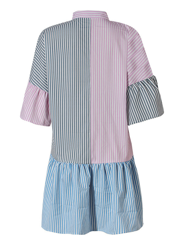 Long Sleeves Loose Buttoned Contrast Color Pleated Split-Joint Striped Stand Collar Mini Dresses Shirt Dress