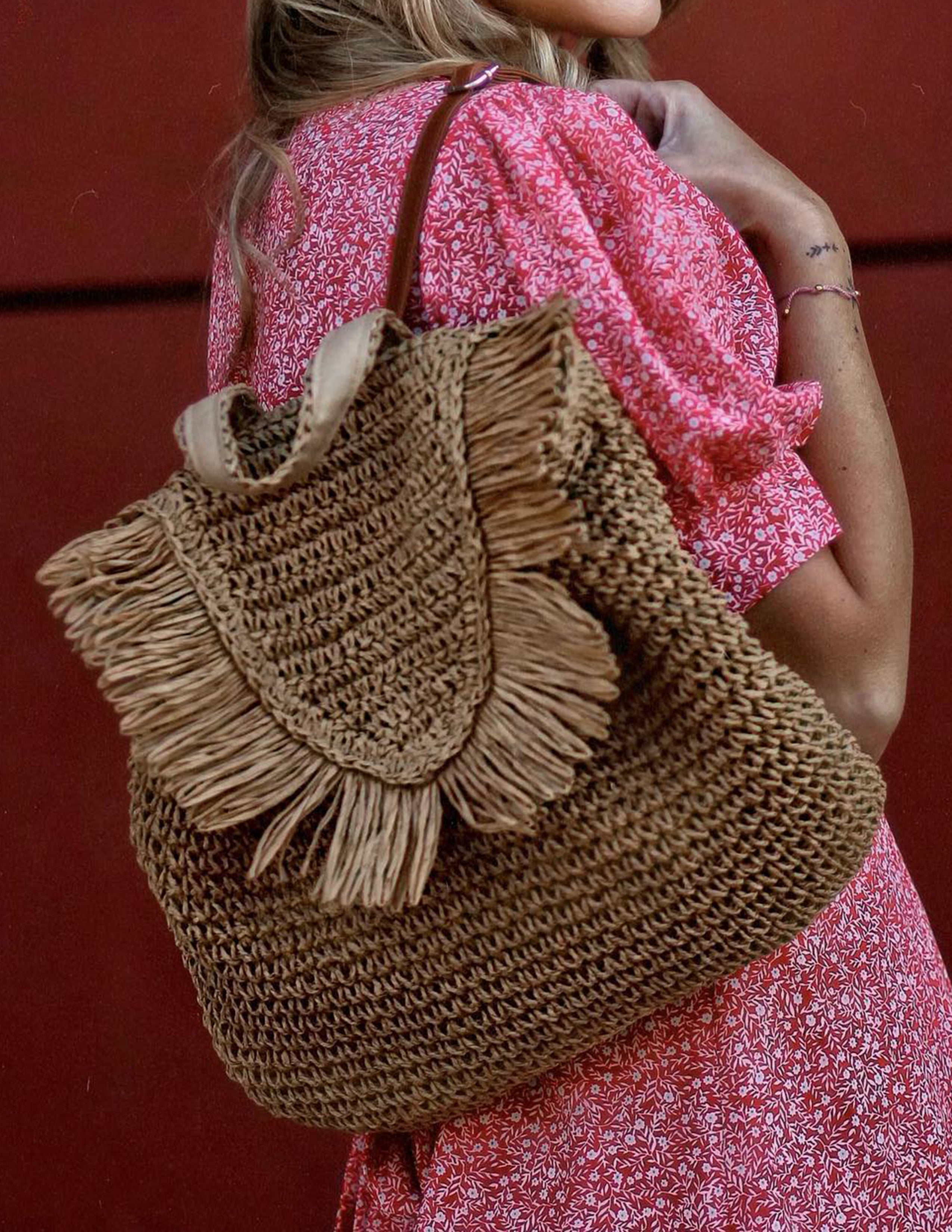 Caramel Fringed Trim Woven Straw Backpack