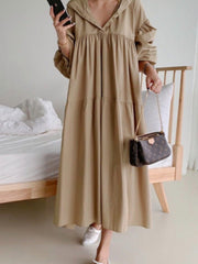 Urban Solid Color Pleated Long Sleeves Hooded Midi Dress