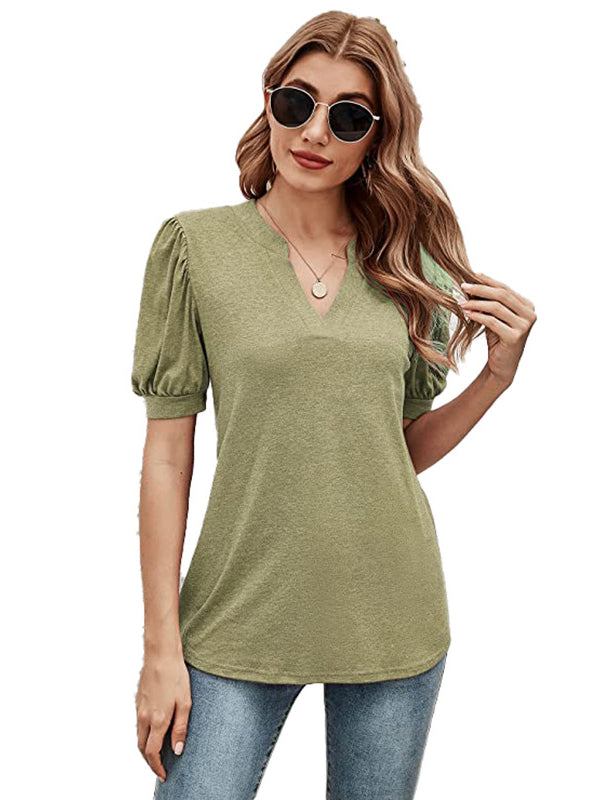 Simple Solid Color V-Neck Puff Sleeves T-Shirt Top