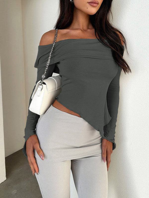 Irregular Clipping Long Sleeves Solid Color Off-The-Shoulder T-Shirts