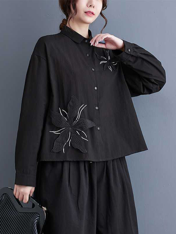 Long Sleeves Loose Applique Buttoned Embroidered Lapel Blouses&Shirts Tops