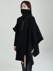 Casual Long Sleeves Loose Solid Color High-Neck Shawl&Sweater Dresses Two Pieces Set