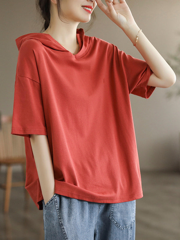 Short Sleeves Hooded Solid Color Hooded T-Shirts Tops