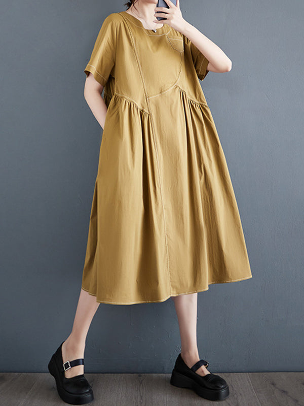 A-Line Loose Asymmetric Pleated Pockets Solid Color Split-Joint Round-Neck Midi Dresses