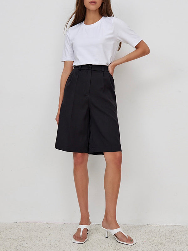 High Waisted Loose Pleated Solid Color Split-Joint Half Pants Shorts Bottoms