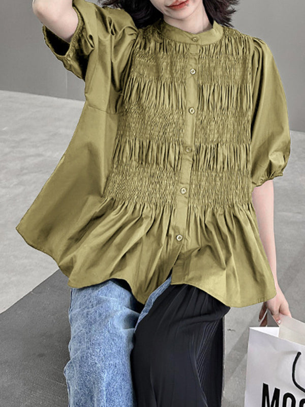 Loose Puff Sleeves Pleated Solid Color Round-Neck Blouses&Shirts Tops