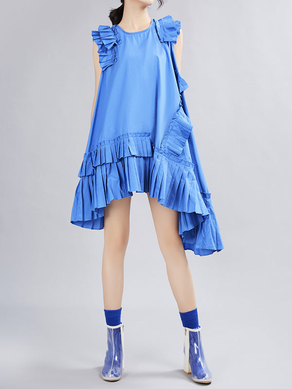 Flying Sleeves Loose Asymmetric Pleated Solid Color Split-Joint Round-Neck Midi Dresses