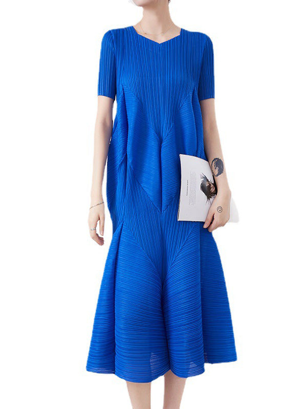 Casual Short Sleeves Pleated Solid Color Round-Neck Midi Dresses