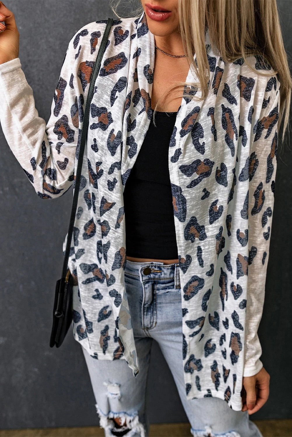 White Leopard Print Casual Open Front Cardigan