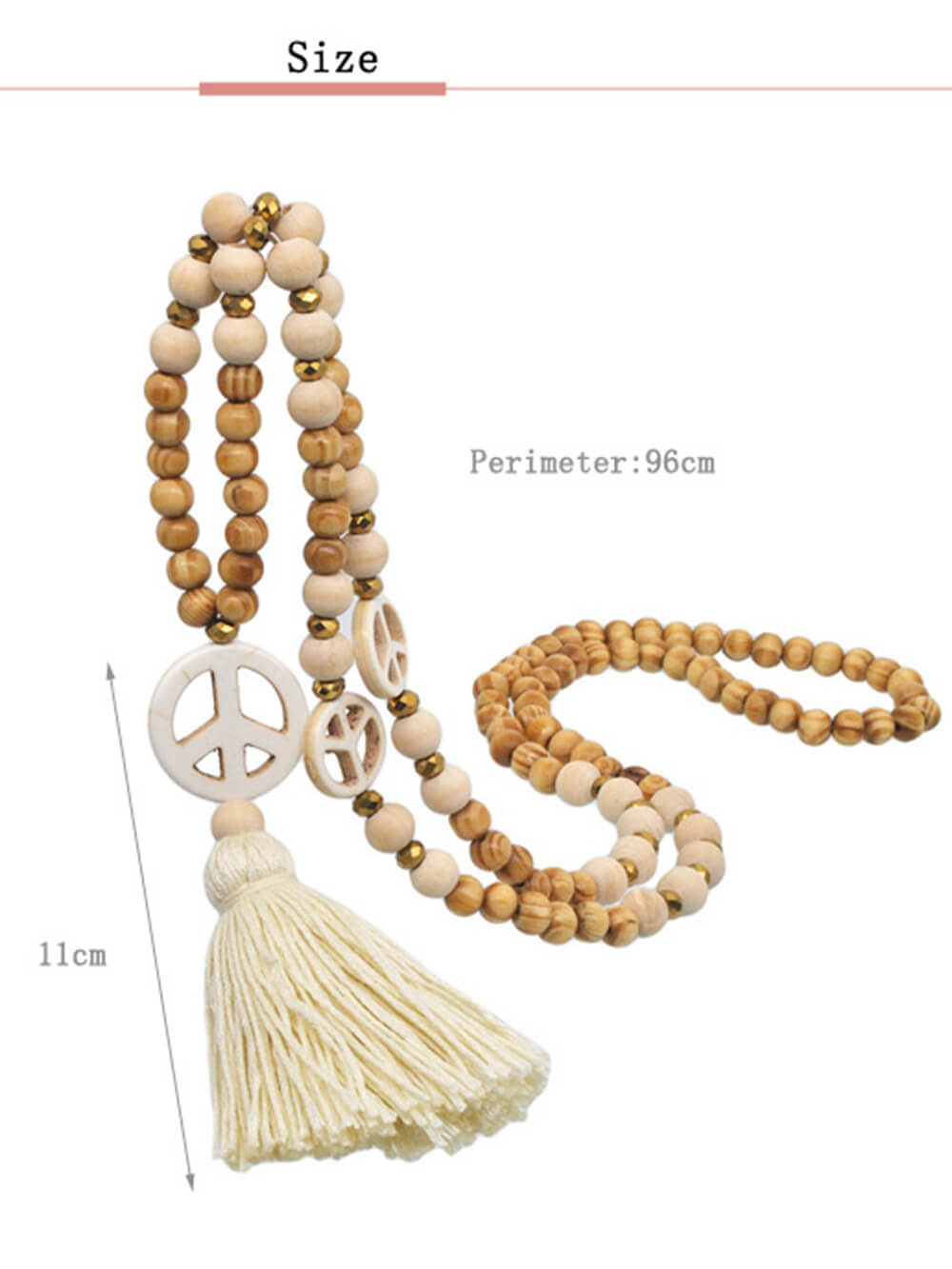 Handmade Wooden Beads Tassel and Peace Charm Pendant Long Necklace